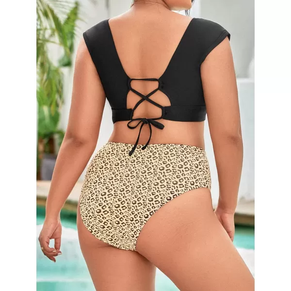 imageCUPSHE Women Swimsuit Plus Size Bikini Set Two Piece Bathing Suit High Waisted Knot Crisscross Self Tie Leopard PrintBlack  Leopard