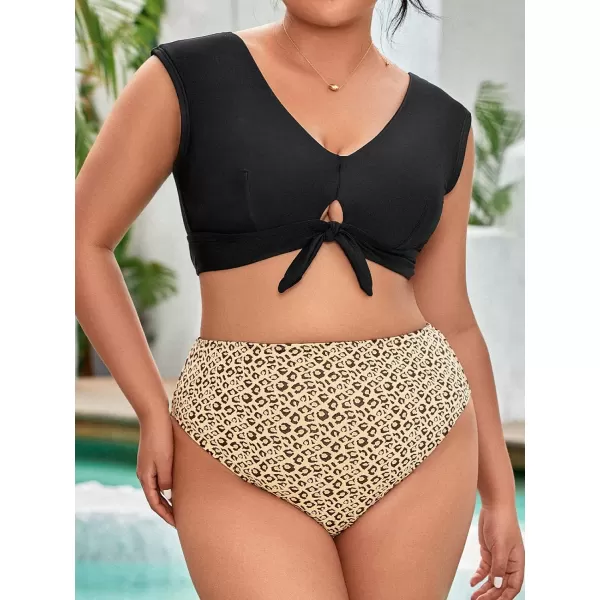 imageCUPSHE Women Swimsuit Plus Size Bikini Set Two Piece Bathing Suit High Waisted Knot Crisscross Self Tie Leopard PrintBlack  Leopard
