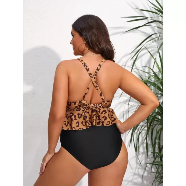imageCUPSHE Women Swimsuit Plus Size Bikini Set Two Piece Bathing Suit V Neck High Waisted Flowy Ruffle Hem FloralBlack  Leopard
