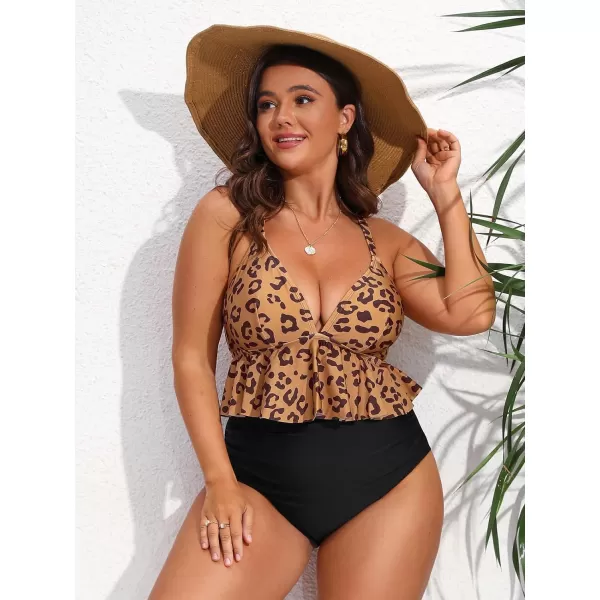 imageCUPSHE Women Swimsuit Plus Size Bikini Set Two Piece Bathing Suit V Neck High Waisted Flowy Ruffle Hem FloralBlack  Leopard