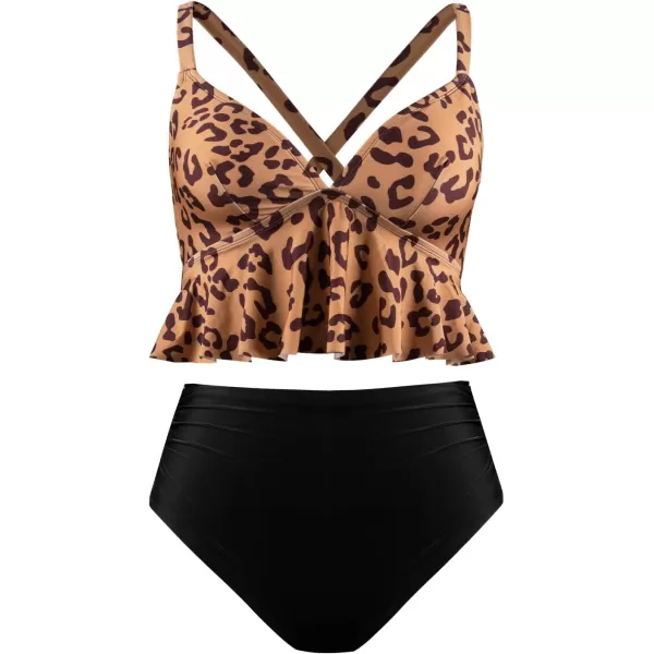 imageCUPSHE Women Swimsuit Plus Size Bikini Set Two Piece Bathing Suit V Neck High Waisted Flowy Ruffle Hem FloralBlack  Leopard