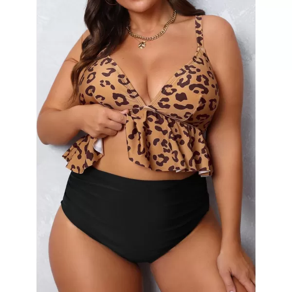 imageCUPSHE Women Swimsuit Plus Size Bikini Set Two Piece Bathing Suit V Neck High Waisted Flowy Ruffle Hem FloralBlack  Leopard