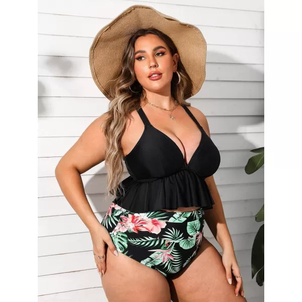 imageCUPSHE Women Swimsuit Plus Size Bikini Set Two Piece Bathing Suit V Neck High Waisted Flowy Ruffle Hem FloralBlack