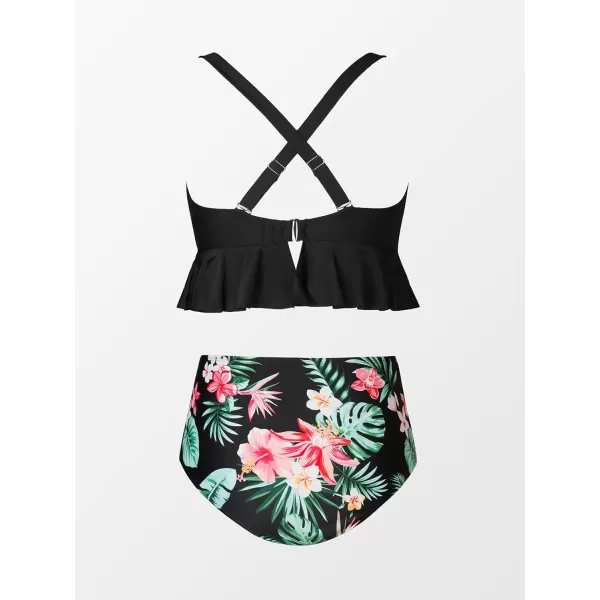 imageCUPSHE Women Swimsuit Plus Size Bikini Set Two Piece Bathing Suit V Neck High Waisted Flowy Ruffle Hem FloralBlack