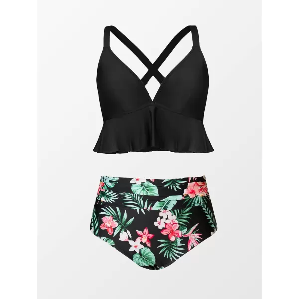 imageCUPSHE Women Swimsuit Plus Size Bikini Set Two Piece Bathing Suit V Neck High Waisted Flowy Ruffle Hem FloralBlack