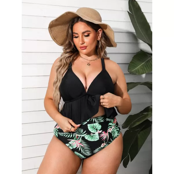 imageCUPSHE Women Swimsuit Plus Size Bikini Set Two Piece Bathing Suit V Neck High Waisted Flowy Ruffle Hem FloralBlack