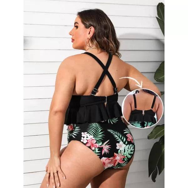 imageCUPSHE Women Swimsuit Plus Size Bikini Set Two Piece Bathing Suit V Neck High Waisted Flowy Ruffle Hem FloralBlack