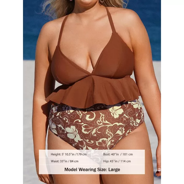 imageCUPSHE Women Swimsuit Plus Size Bikini Set Two Piece Bathing Suit V Neck High Waisted Flowy Ruffle Hem FloralBrown