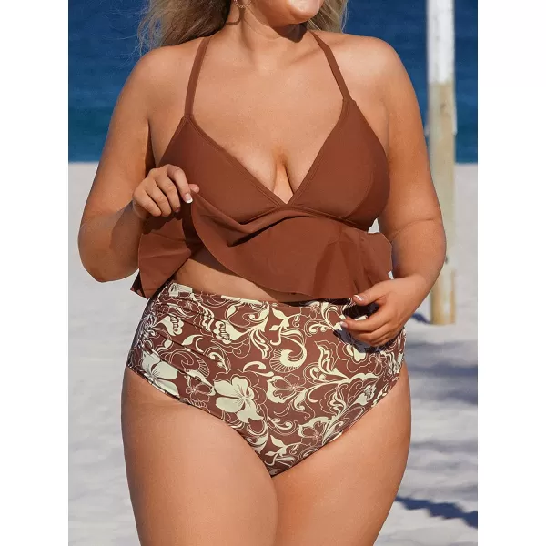 imageCUPSHE Women Swimsuit Plus Size Bikini Set Two Piece Bathing Suit V Neck High Waisted Flowy Ruffle Hem FloralBrown