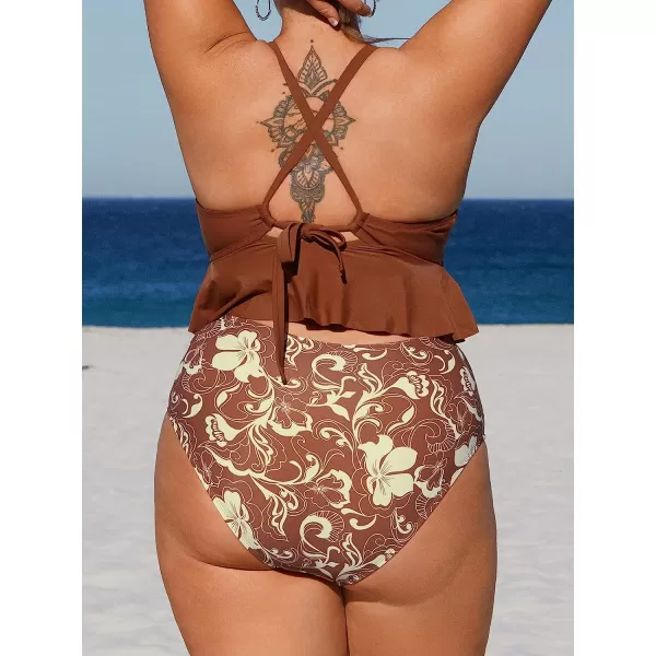 imageCUPSHE Women Swimsuit Plus Size Bikini Set Two Piece Bathing Suit V Neck High Waisted Flowy Ruffle Hem FloralBrown