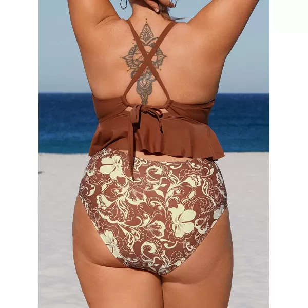 imageCUPSHE Women Swimsuit Plus Size Bikini Set Two Piece Bathing Suit V Neck High Waisted Flowy Ruffle Hem FloralBrown