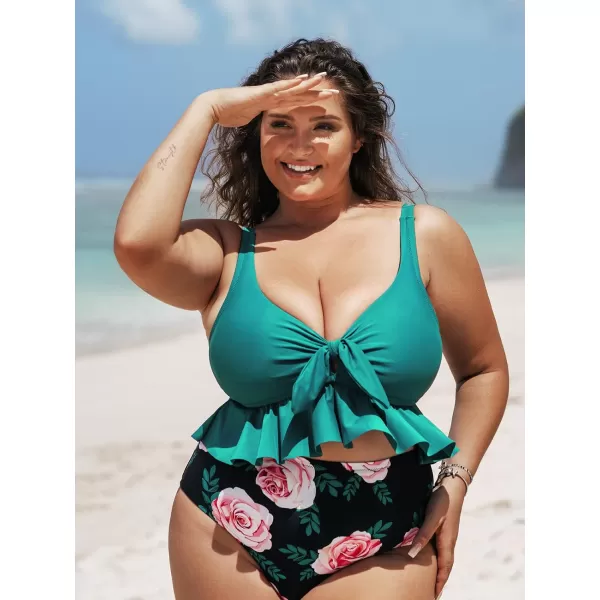 imageCUPSHE Women Swimsuit Plus Size Bikini Set Two Piece Bathing Suit V Neck High Waisted Flowy Ruffle Hem FloralGreen