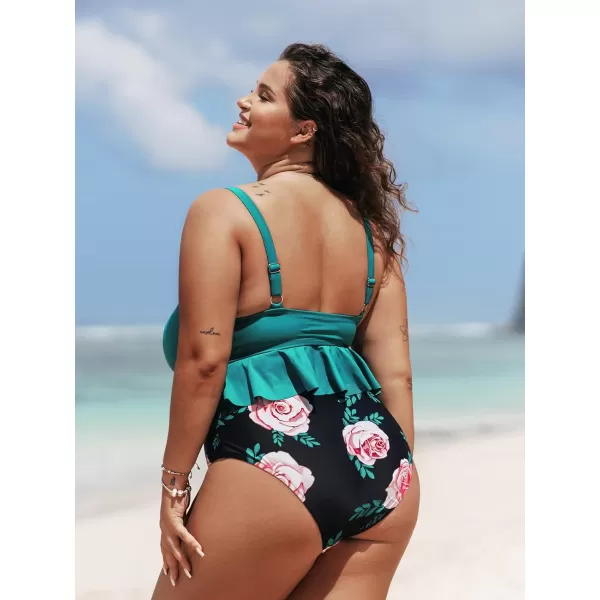 imageCUPSHE Women Swimsuit Plus Size Bikini Set Two Piece Bathing Suit V Neck High Waisted Flowy Ruffle Hem FloralGreen