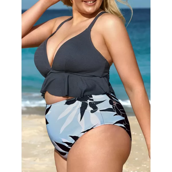 imageCUPSHE Women Swimsuit Plus Size Bikini Set Two Piece Bathing Suit V Neck High Waisted Flowy Ruffle Hem FloralGrey Tropical Print