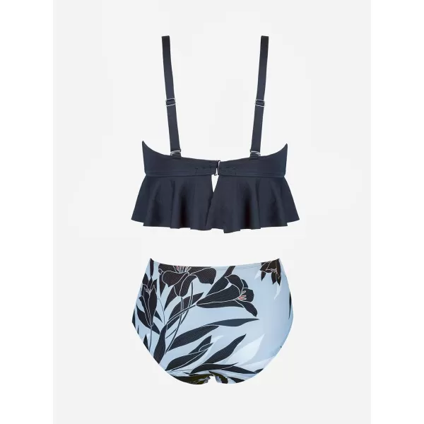 imageCUPSHE Women Swimsuit Plus Size Bikini Set Two Piece Bathing Suit V Neck High Waisted Flowy Ruffle Hem FloralGrey Tropical Print