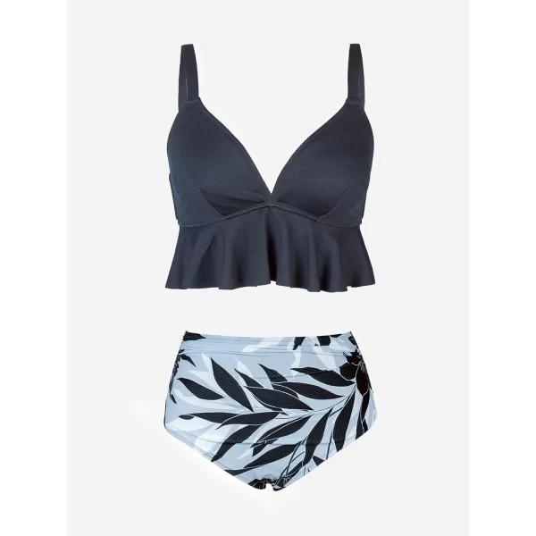 imageCUPSHE Women Swimsuit Plus Size Bikini Set Two Piece Bathing Suit V Neck High Waisted Flowy Ruffle Hem FloralGrey Tropical Print