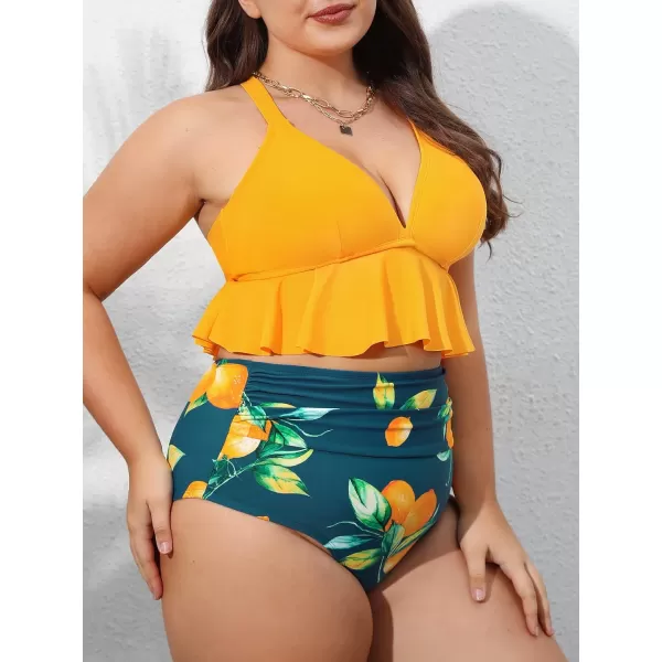 imageCUPSHE Women Swimsuit Plus Size Bikini Set Two Piece Bathing Suit V Neck High Waisted Flowy Ruffle Hem FloralLemon Yellow