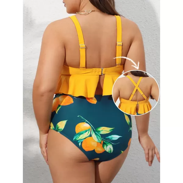 imageCUPSHE Women Swimsuit Plus Size Bikini Set Two Piece Bathing Suit V Neck High Waisted Flowy Ruffle Hem FloralLemon Yellow