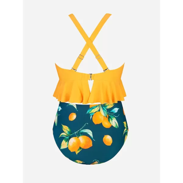 imageCUPSHE Women Swimsuit Plus Size Bikini Set Two Piece Bathing Suit V Neck High Waisted Flowy Ruffle Hem FloralLemon Yellow