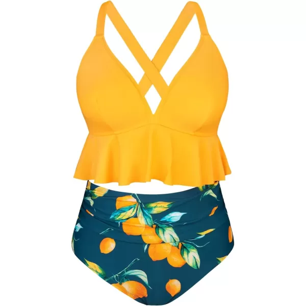 imageCUPSHE Women Swimsuit Plus Size Bikini Set Two Piece Bathing Suit V Neck High Waisted Flowy Ruffle Hem FloralLemon Yellow