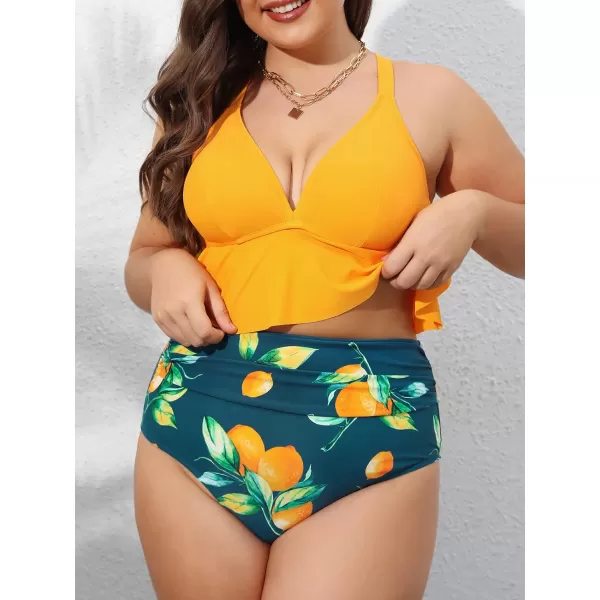 imageCUPSHE Women Swimsuit Plus Size Bikini Set Two Piece Bathing Suit V Neck High Waisted Flowy Ruffle Hem FloralLemon Yellow