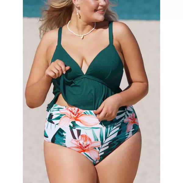 imageCUPSHE Women Swimsuit Plus Size Bikini Set Two Piece Bathing Suit V Neck High Waisted Flowy Ruffle Hem FloralMulticolored