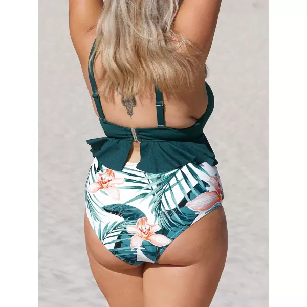 imageCUPSHE Women Swimsuit Plus Size Bikini Set Two Piece Bathing Suit V Neck High Waisted Flowy Ruffle Hem FloralMulticolored