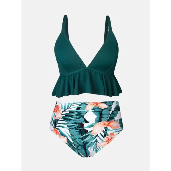 imageCUPSHE Women Swimsuit Plus Size Bikini Set Two Piece Bathing Suit V Neck High Waisted Flowy Ruffle Hem FloralMulticolored