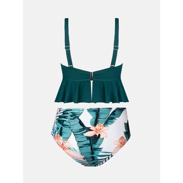 imageCUPSHE Women Swimsuit Plus Size Bikini Set Two Piece Bathing Suit V Neck High Waisted Flowy Ruffle Hem FloralMulticolored