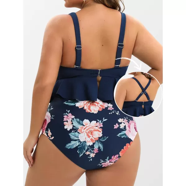imageCUPSHE Women Swimsuit Plus Size Bikini Set Two Piece Bathing Suit V Neck High Waisted Flowy Ruffle Hem FloralNavy Blue