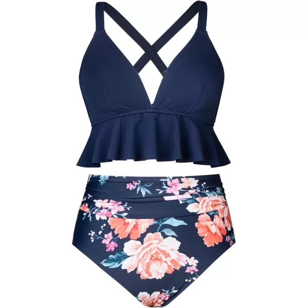 imageCUPSHE Women Swimsuit Plus Size Bikini Set Two Piece Bathing Suit V Neck High Waisted Flowy Ruffle Hem FloralNavy Blue