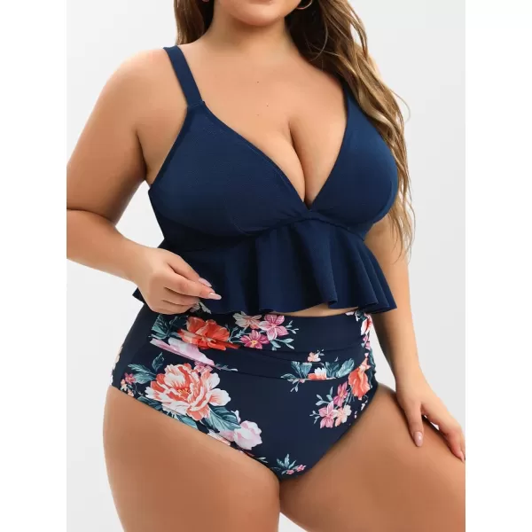 imageCUPSHE Women Swimsuit Plus Size Bikini Set Two Piece Bathing Suit V Neck High Waisted Flowy Ruffle Hem FloralNavy Blue