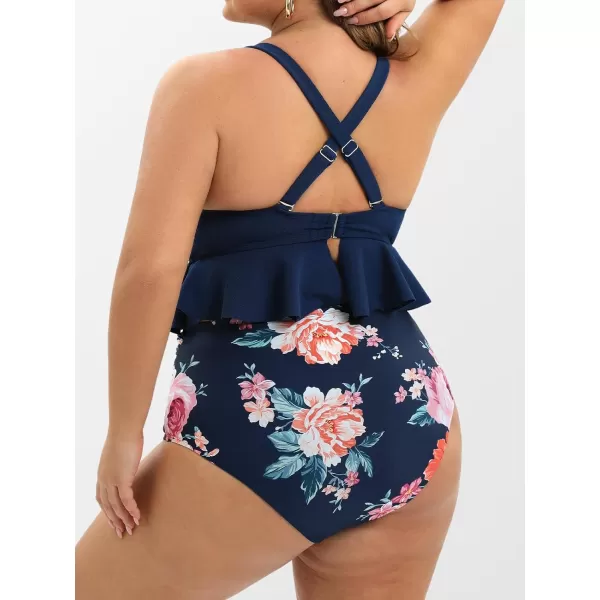 imageCUPSHE Women Swimsuit Plus Size Bikini Set Two Piece Bathing Suit V Neck High Waisted Flowy Ruffle Hem FloralNavy Blue