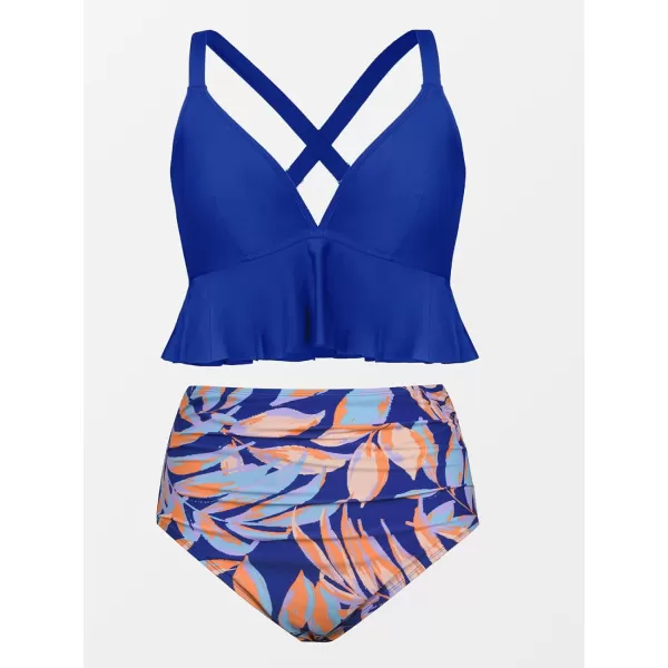 imageCUPSHE Women Swimsuit Plus Size Bikini Set Two Piece Bathing Suit V Neck High Waisted Flowy Ruffle Hem FloralRoyal BlueTropical