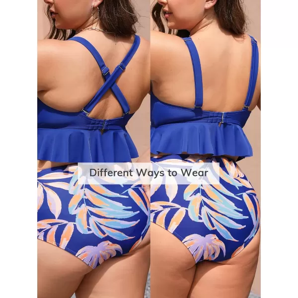 imageCUPSHE Women Swimsuit Plus Size Bikini Set Two Piece Bathing Suit V Neck High Waisted Flowy Ruffle Hem FloralRoyal BlueTropical