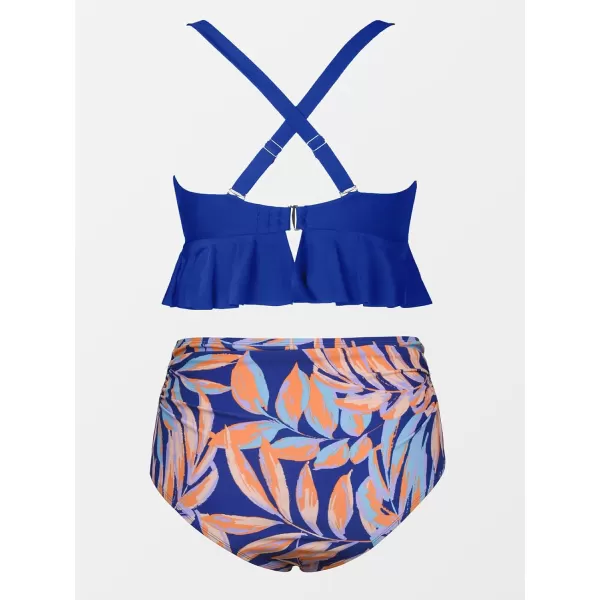imageCUPSHE Women Swimsuit Plus Size Bikini Set Two Piece Bathing Suit V Neck High Waisted Flowy Ruffle Hem FloralRoyal BlueTropical
