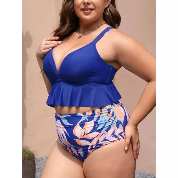 imageCUPSHE Women Swimsuit Plus Size Bikini Set Two Piece Bathing Suit V Neck High Waisted Flowy Ruffle Hem FloralRoyal BlueTropical