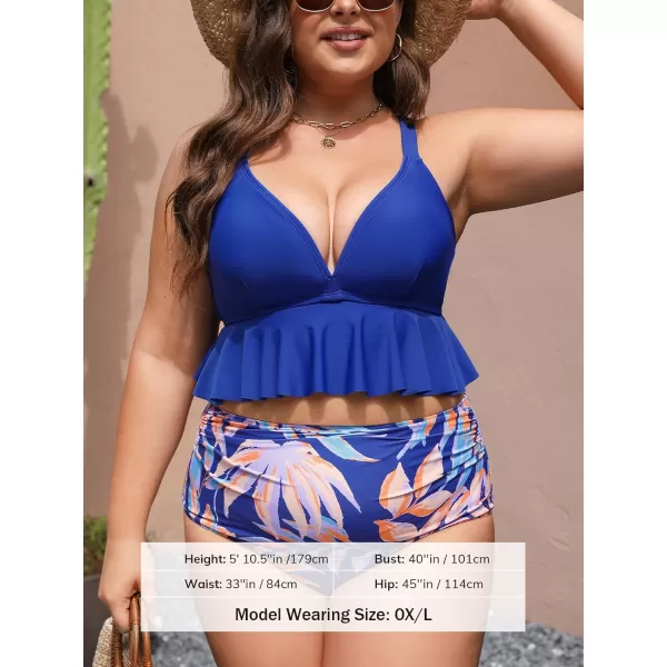 imageCUPSHE Women Swimsuit Plus Size Bikini Set Two Piece Bathing Suit V Neck High Waisted Flowy Ruffle Hem FloralRoyal BlueTropical