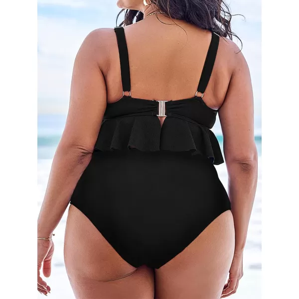 imageCUPSHE Women Swimsuit Plus Size Bikini Set Two Piece Bathing Suit V Neck High Waisted Flowy Ruffle Hem FloralSolid Black