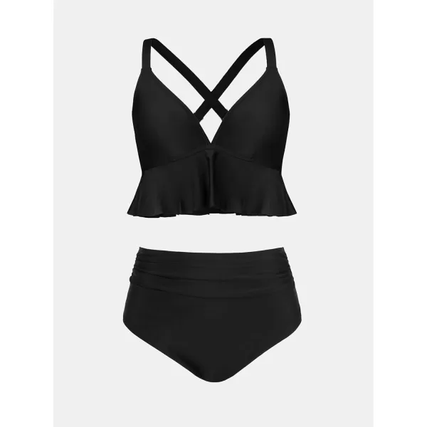 imageCUPSHE Women Swimsuit Plus Size Bikini Set Two Piece Bathing Suit V Neck High Waisted Flowy Ruffle Hem FloralSolid Black