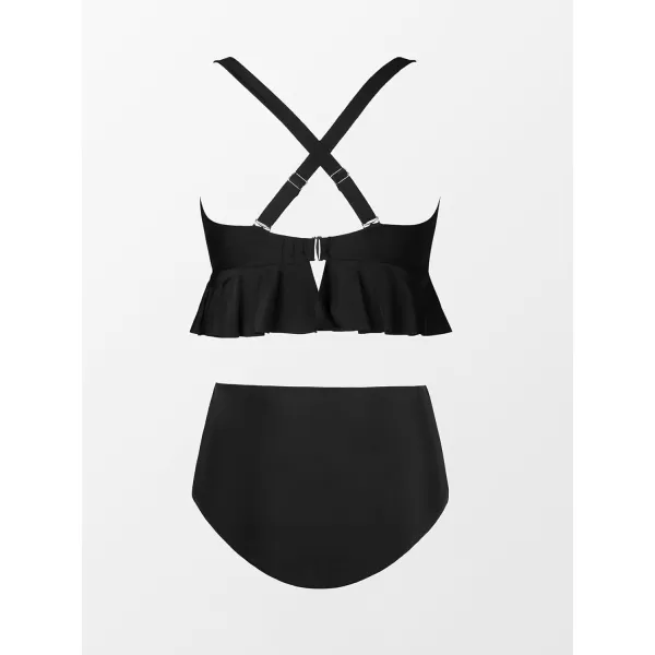 imageCUPSHE Women Swimsuit Plus Size Bikini Set Two Piece Bathing Suit V Neck High Waisted Flowy Ruffle Hem FloralSolid Black