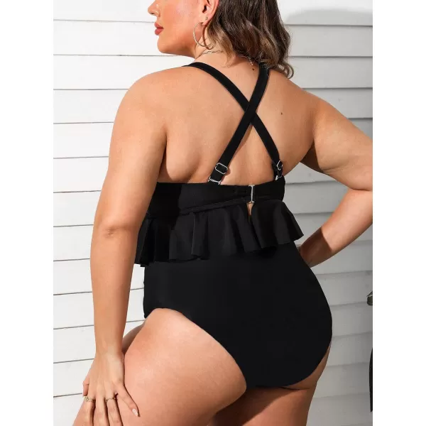 imageCUPSHE Women Swimsuit Plus Size Bikini Set Two Piece Bathing Suit V Neck High Waisted Flowy Ruffle Hem FloralSolid Black