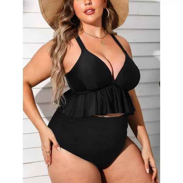 imageCUPSHE Women Swimsuit Plus Size Bikini Set Two Piece Bathing Suit V Neck High Waisted Flowy Ruffle Hem FloralSolid Black
