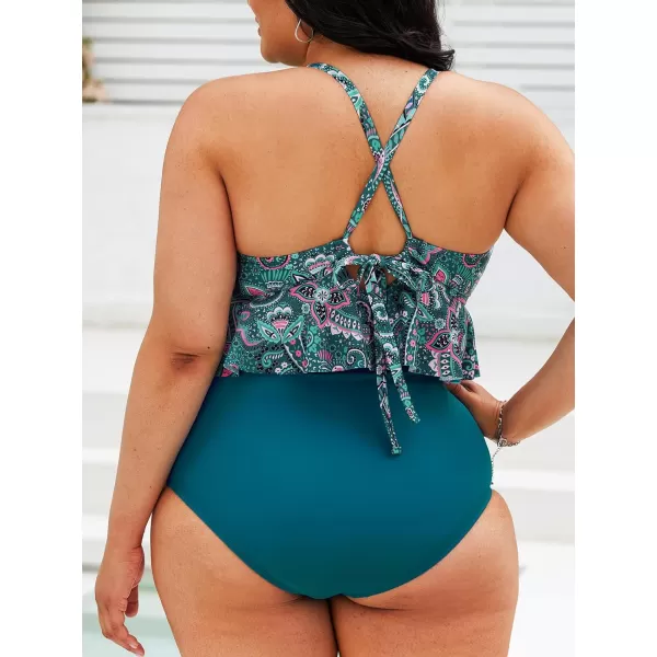 imageCUPSHE Women Swimsuit Plus Size Bikini Set Two Piece Bathing Suit V Neck High Waisted Flowy Ruffle Hem FloralTeal Paisley Floral