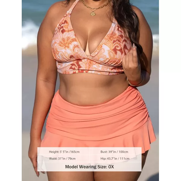 imageCUPSHE Women Swimsuit Plus Size Bikini Set V Neck Halter Triangle Top Back Hook Ruched Ruffle Skirt with BottomVivid Tangerine Paisley Print