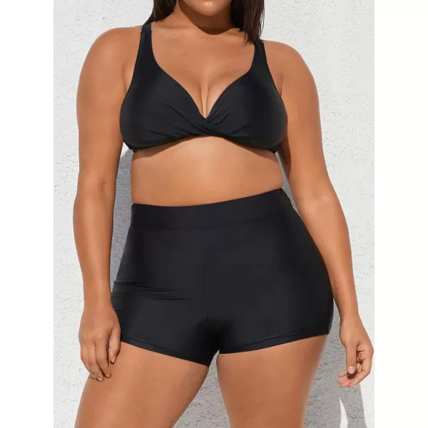 imageCUPSHE Women Swimsuit Plus Size Bikini Set V Neck Twisted High Support High Waisted Tummy Control Biker ShortsBlack