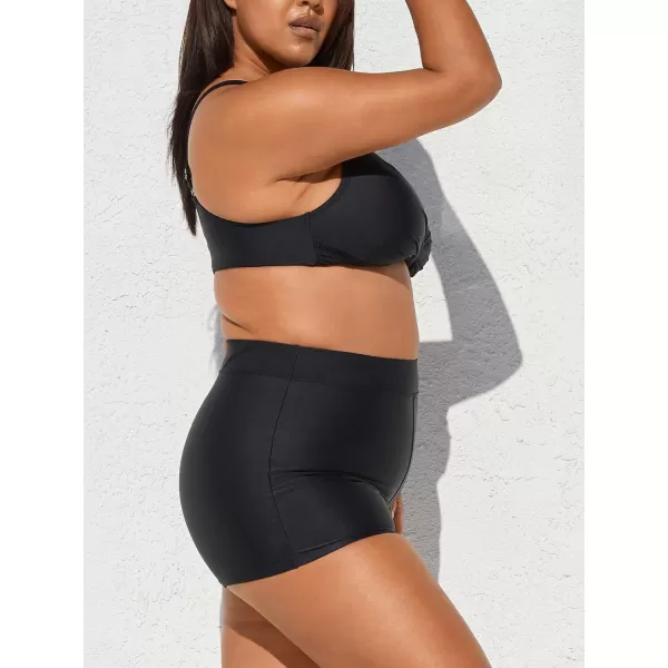 imageCUPSHE Women Swimsuit Plus Size Bikini Set V Neck Twisted High Support High Waisted Tummy Control Biker ShortsBlack