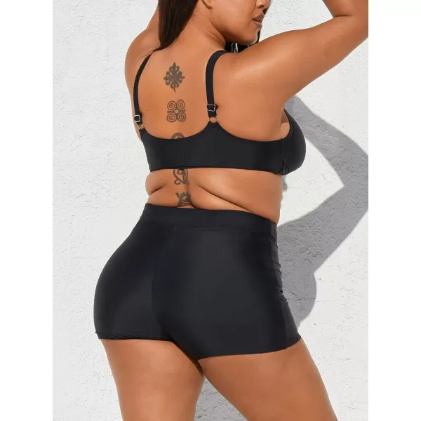 imageCUPSHE Women Swimsuit Plus Size Bikini Set V Neck Twisted High Support High Waisted Tummy Control Biker ShortsBlack