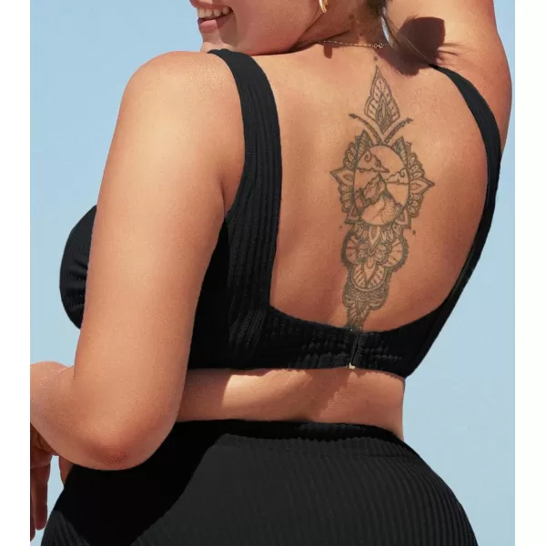 imageCUPSHE Women Swimsuit Plus Size Bikini Top Ribbed Texture Knotted Front Fixed Wide Straps No BottomBlack