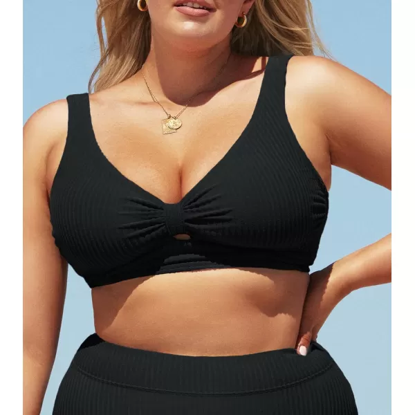 imageCUPSHE Women Swimsuit Plus Size Bikini Top Ribbed Texture Knotted Front Fixed Wide Straps No BottomBlack